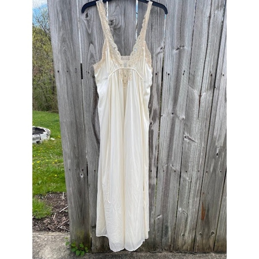 Kayser Vintage Ivory Lace Trim Nightgown Antron III Nylon Maxi Slip Dress Large